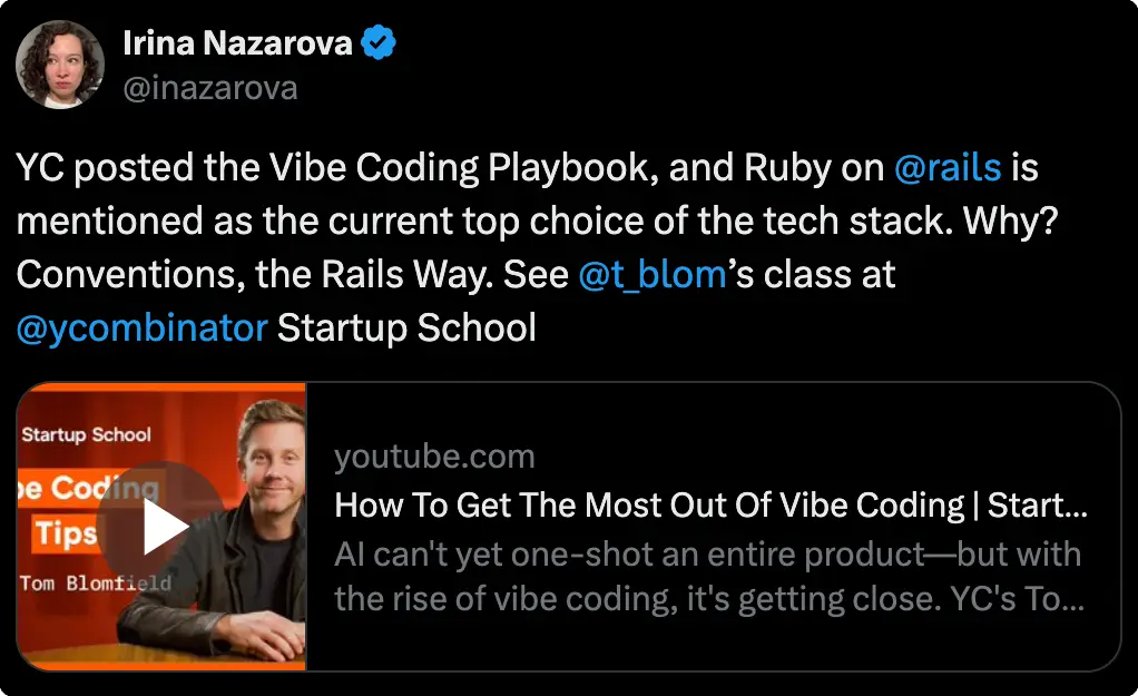 Y Combinator recommends Rails tweet
