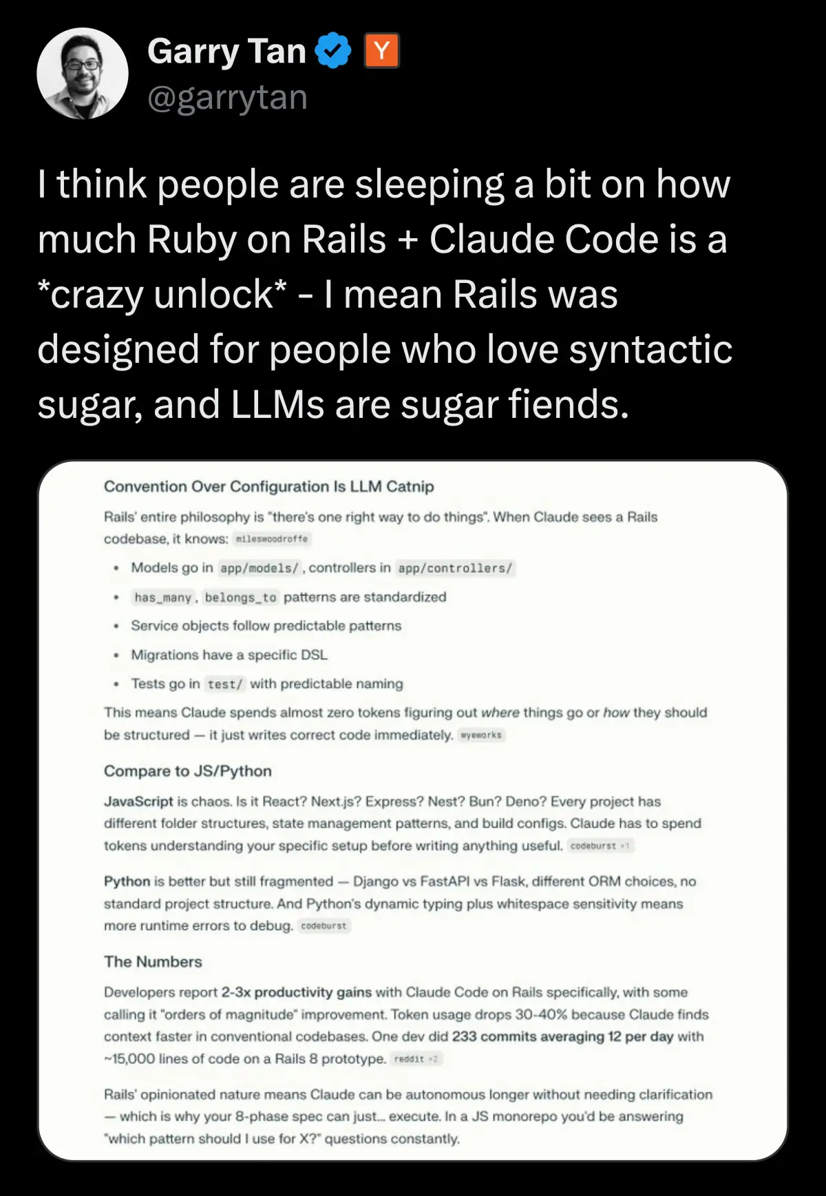 Garry Tan on Rails + Claude Code being a crazy unlock
