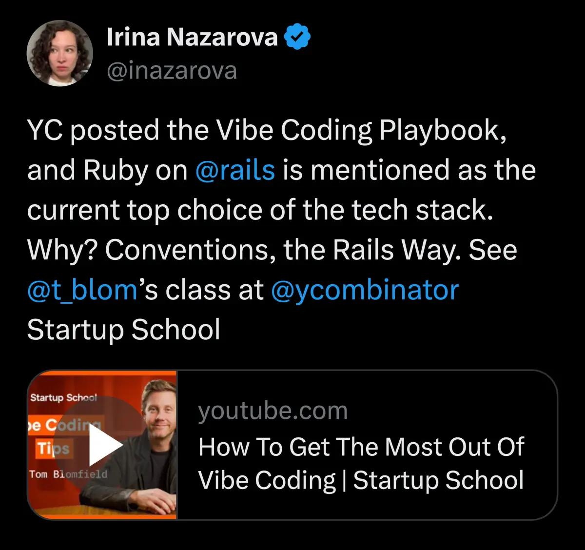 Y Combinator recommends Rails tweet