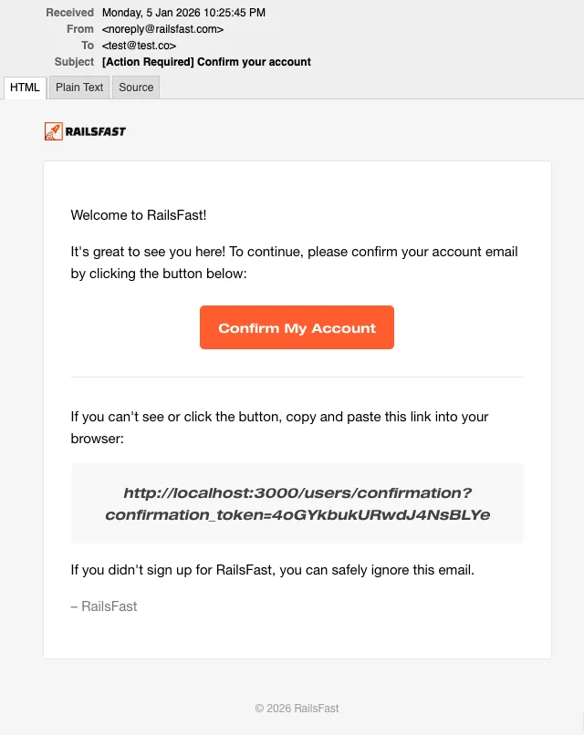 RailsFast user confirmation email