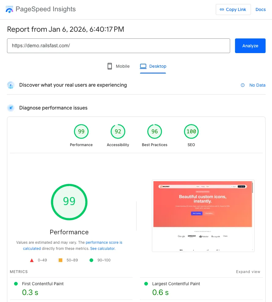 RailsFast apps have perfect SEO scores on Google PageSpeed Insights by default